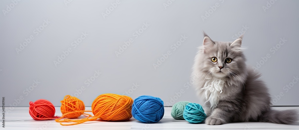 Poster cute fluffy cat with orange and blue thread clews on a white table against a gray wall copy space im