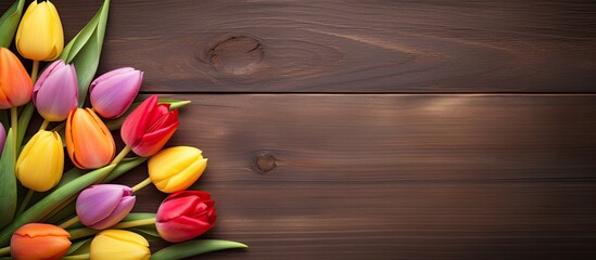 An Easter themed copy space image showcasing beautifully decorated eggs and a vibrant tulip flower arranged on a wooden background