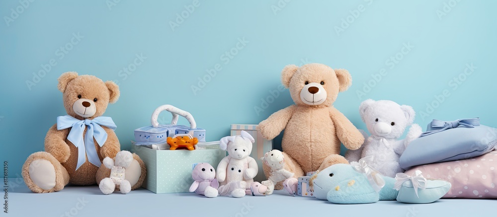 Poster copy space image featuring a variety of baby accessories placed on a light blue background providing
