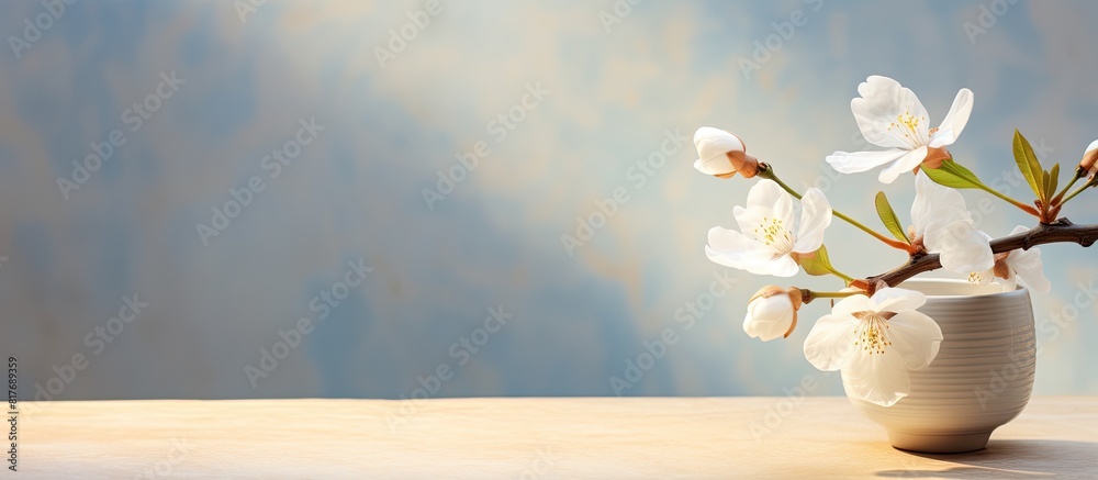 Leinwandbilder on a sunny table there is a white almond tree flower resting against a textured surface creating a v