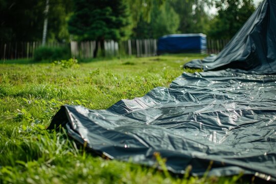 Black tarp laid on grass at camp