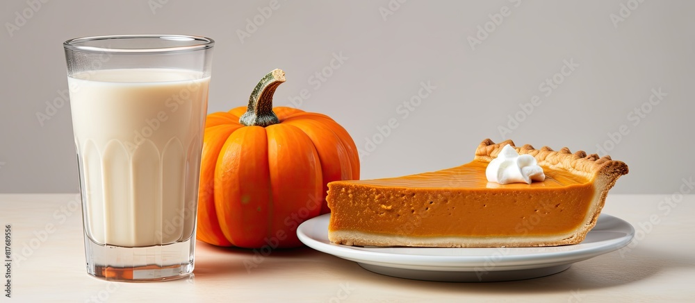 Poster copy space image of a delectable pumpkin pie with a side of milk showcased on a light background pro