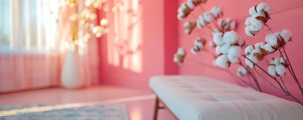 Inviting closeup of a cotton bench in a living room with candy pink walls, captured with a shallow focus