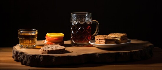 Beverages and food like a cup of tea and a piece of cake displayed on a wooden tray with ample copy space for photography