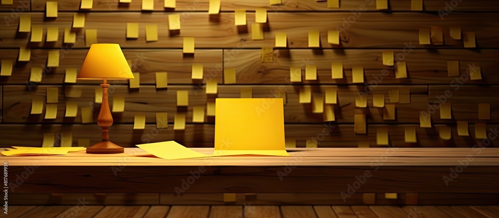 Poster A wooden table displaying note papers cards and a yellow pen with empty space for an image. Creative banner. Copyspace image