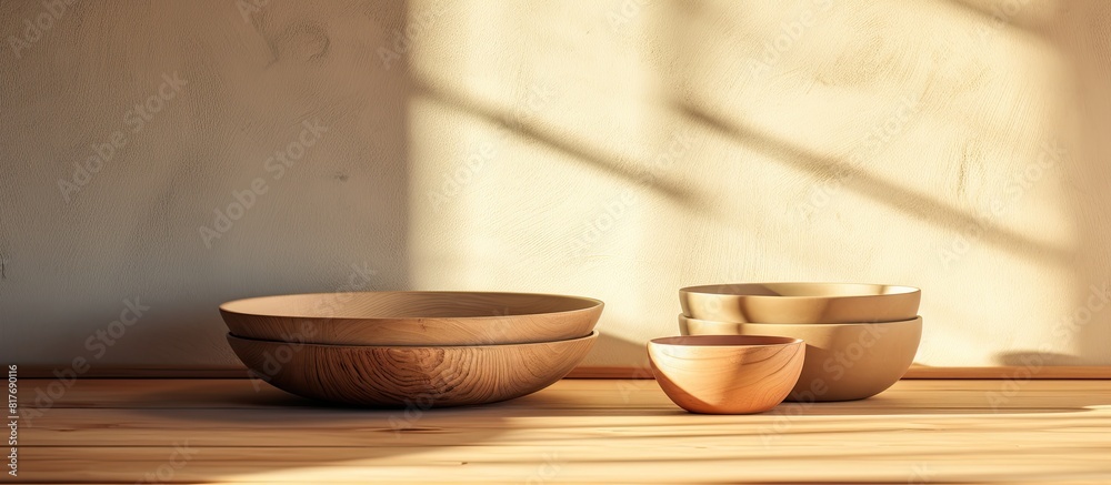 Poster in the kitchen there is a table with a stack of wooden bowls placed on top providing a picturesque c