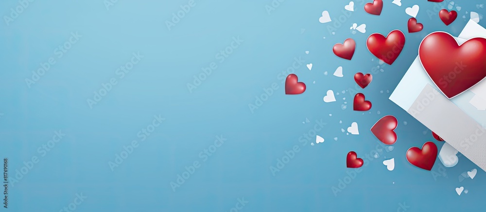 Aufkleber Blue background with a red envelope adorned with white hearts and a gift card There is plenty of space for a logo and text in the image. Creative banner. Copyspace image