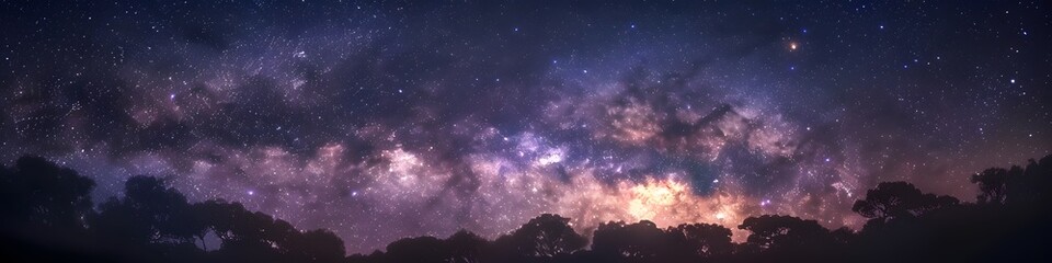 Panoramic astrophotography of visible Milky Way galaxy. Stars, nebula and stardust at night sky