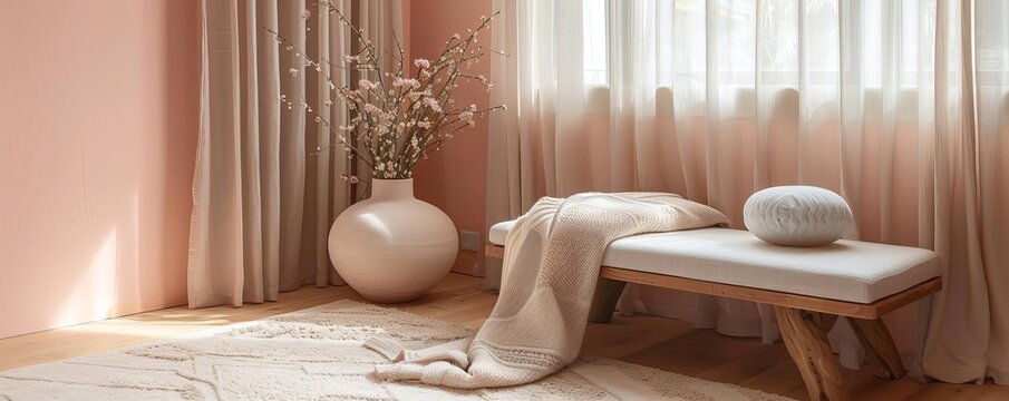 Peaceful and stylish pink living room corner with a cozy bench, captured with a Hasu camera