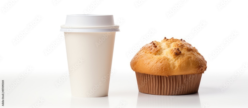Poster design your own cardboard cup of coffee and muffin with this copy space image on a clean white backg