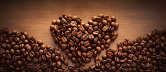 A heart shaped symbol made from coffee beans placed on a background leaving empty space for additional images or text