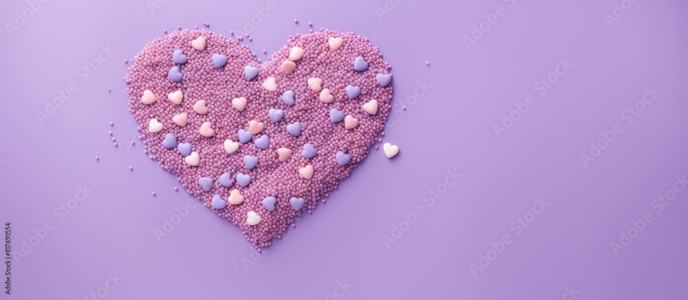 Poster A confectionery decor featuring a heart shaped frame of sprinkles on a lilac background with a flat lay and ample space for text