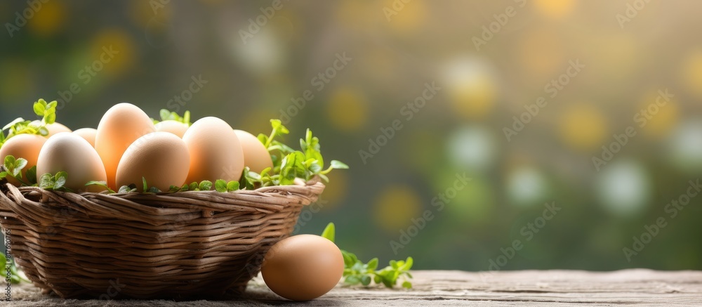 Poster happy easter with a copy space image of eggs in a basket