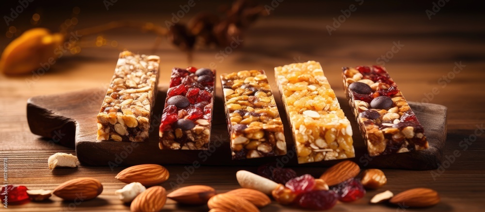 Poster copy space image of nutritious cereal and muesli protein bars a delicious and wholesome option for a
