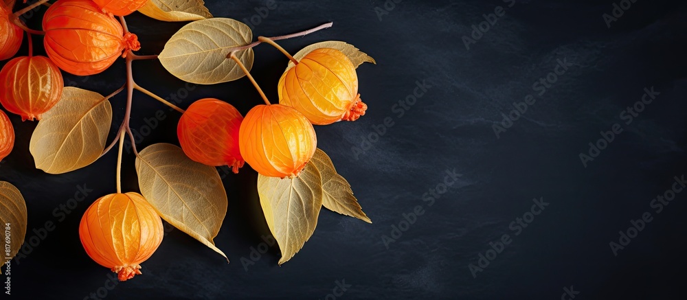 Poster top view of winter cherry physalis on a dark background providing free copy space for text