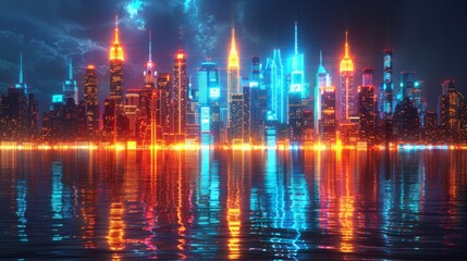 Design a collection of neon city symbols, including illuminated skyscrapers