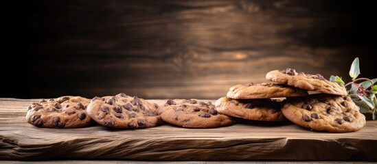 A copy space image showcasing a rustic wooden cutting board adorned with freshly baked chocolate cookies