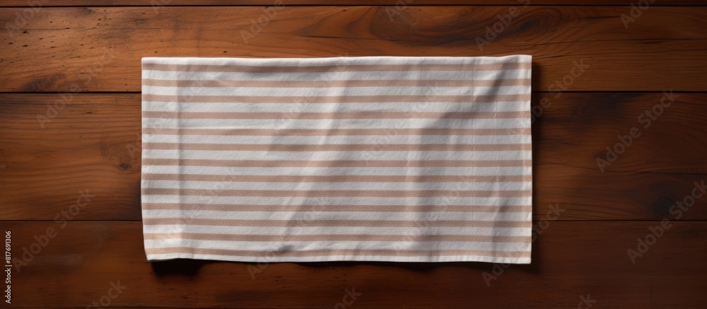 Aufkleber a kitchen towel is placed on a wooden cooking table seen from a top down perspective with room for a