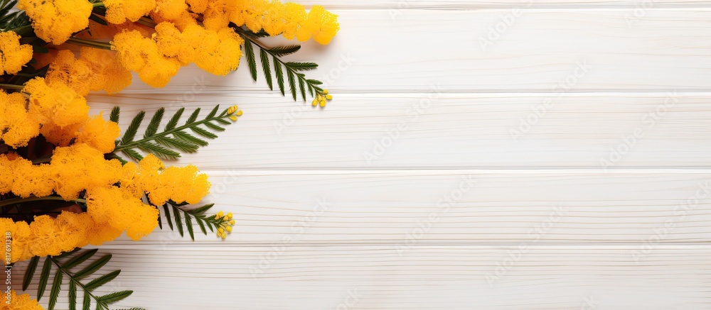 Aufkleber Closeup of exquisite mimosa flowers arranged on a white wooden table providing ample space for text in the image
