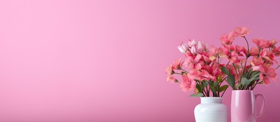Tender flowers arranged in a vase sit on a table positioned in front of a vibrant pink banner that offers a blank space for adding text. Creative banner. Copyspace image