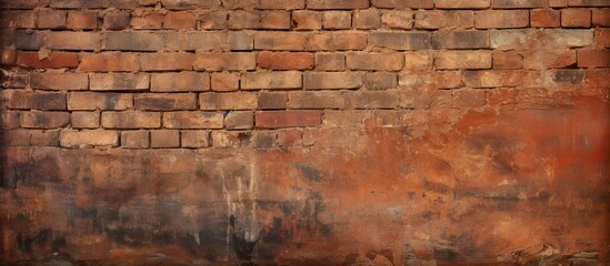 An aged red brick wall with a grungy texture and signs of deterioration providing an intriguing background for copy space images