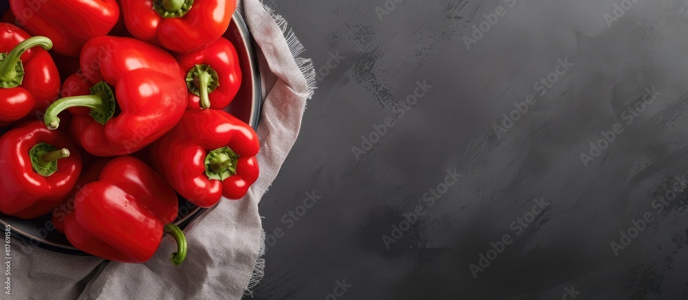 Aufkleber a plastic plate holds vibrant red peppers covered with wrap against a gray background there is ample