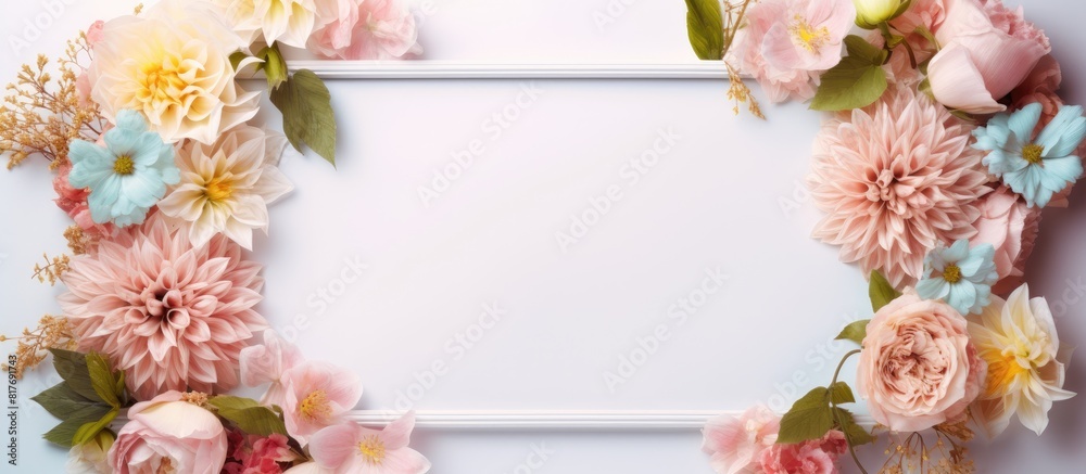 Aufkleber A top down view of an empty picture frame adorned with pastel colored artificial flowers providing copy space for a greeting card