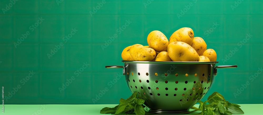 Poster Copy space image of a colander with a raw potato on a bright background