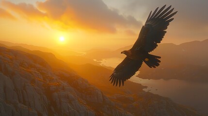 A powerful eagle soaring over a rugged mountain range at dawn, with the rising sun casting golden hues