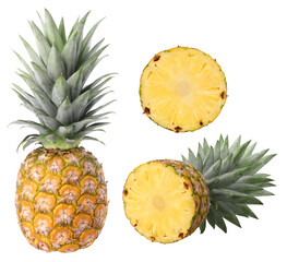 Pineapple with leaves, slices and a half pineapple fruit isolated, transparent png, PNG format, cut out