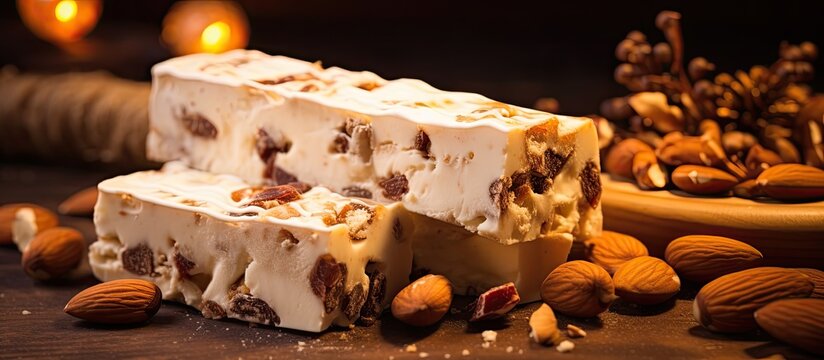 Close up of a delicious Italian torrone or nougat with nuts perfect for traditional festive celebrations Ample copy space in the image