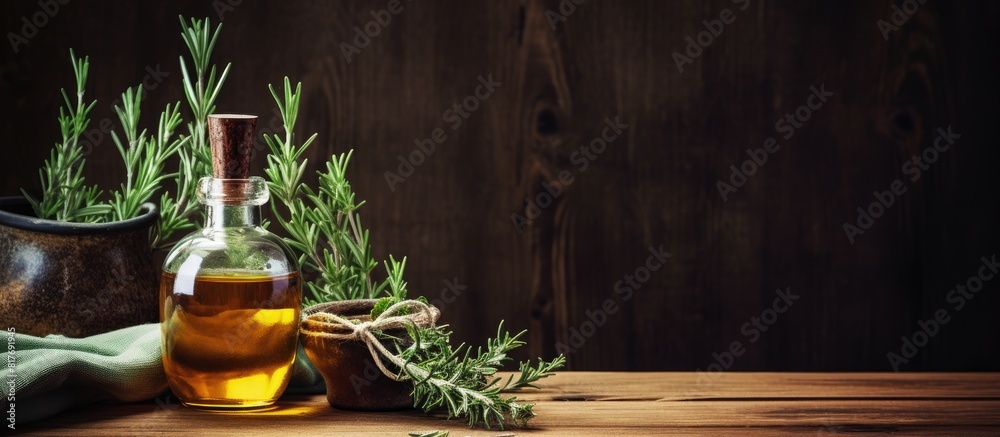 Poster a spa composition featuring the aromatic essence of tea tree oil set against a rustic wooden backdro