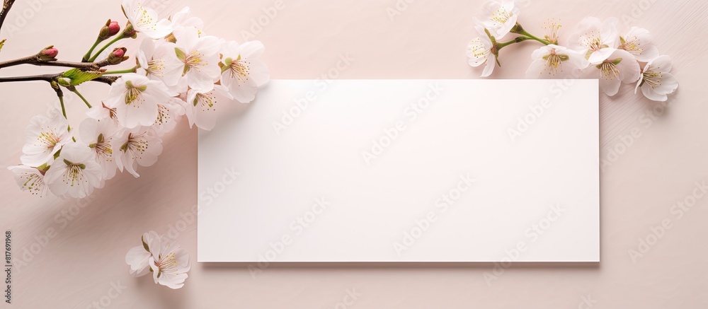 Fototapete a top view copy space image of a blank card and a cherry blossom placed on a beige background for a 