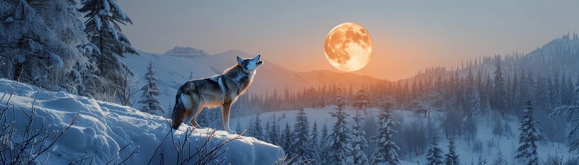 A sleek wolf howling at the full moon on a snowy mountaintop, with a pack of wolves in the background