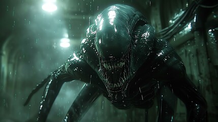 Capture the eerie beauty of a slimy extraterrestrial creature lurking in the shadows of a dimly lit spaceship corridor