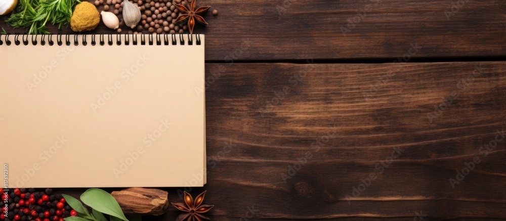 Poster A view from the top showcasing herbs and spices placed over a wooden background accompanied by a notepad for additional text or images