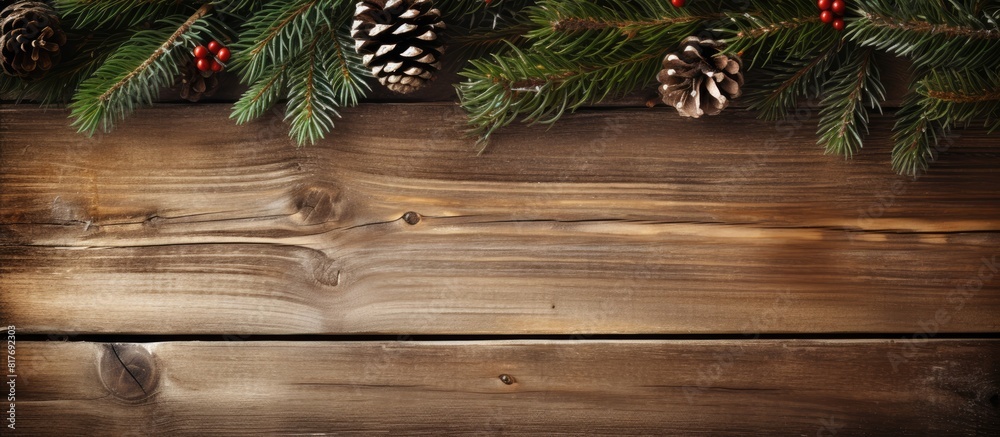 Poster vintage style christmas background featuring copies space image with fir branches pinecones and an o