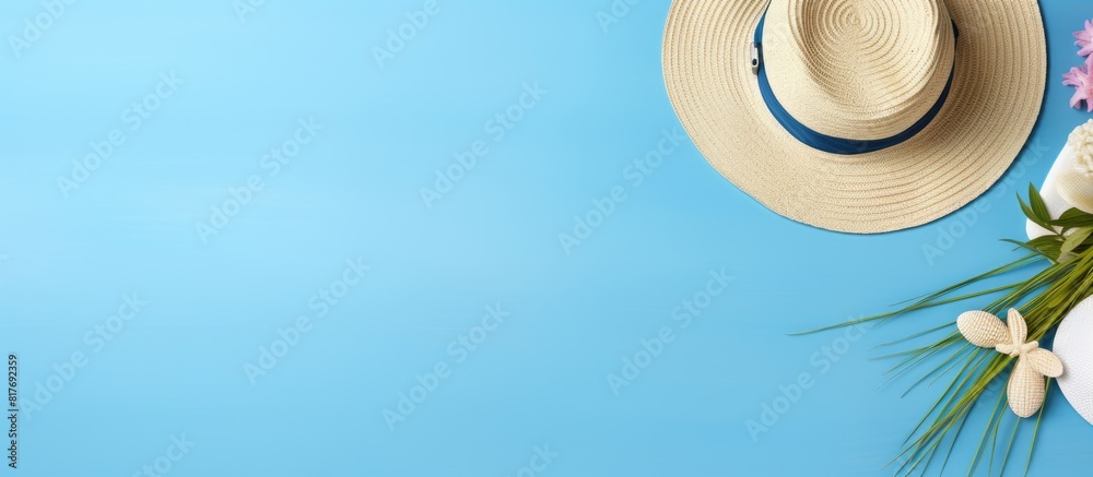 Aufkleber Copy space image of beach summer accessories arranged in a flatlay view on a blue background highlighting a travel concept