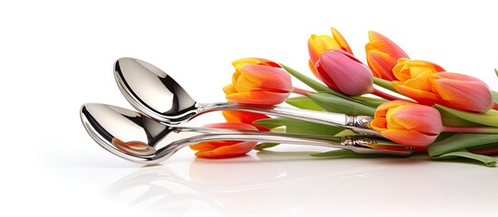 A copy space image of cutlery decorated with Easter eggs and a tulip flower isolated on a white background