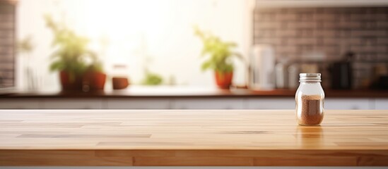 Blurry kitchen background with a table top featuring a copy space image
