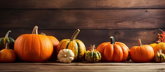 Close up copy space image of local produce pumpkins on a textured wooden background creating a nostalgic Thanksgiving aesthetic