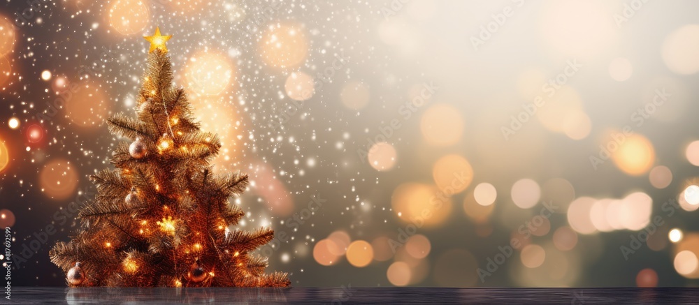Poster closeup of a christmas tree with a glittering lights backdrop creating a festive winter season backg