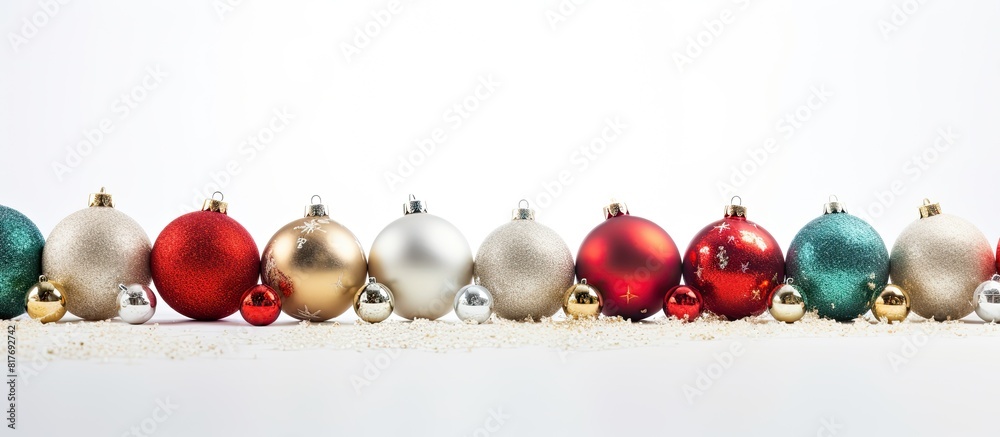 Poster copy space image of white background adorned with christmas ornaments
