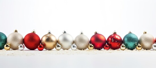 Copy space image of white background adorned with Christmas ornaments