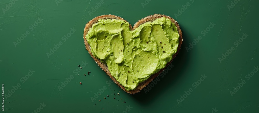 Poster heart shaped green cheese with basilic and avocado paste sandwiches on a pink background ideal for a