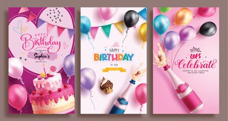 Happy birthday greeting vector poster set template. Birthday invitation card with cake, wine bottle and balloons elements decoration for girl party card collection. Vector illustration birthday 