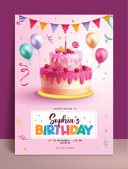 Birthday girl invitation vector poster template. Happy birthday greeting with cake dessert, balloons and streamers decoration elements for girl invitation card design. Vector illustration birthday 