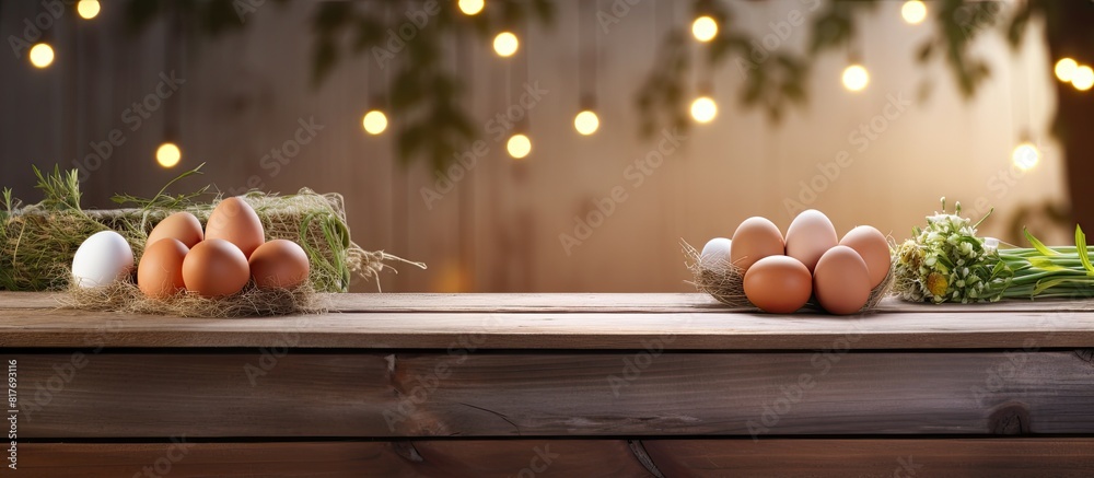 Aufkleber A rustic setting with a wooden table displaying farm fresh eggs providing an inviting and natural ambiance for a copy space image