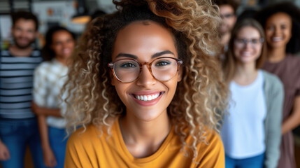 Smiling Businesswoman with Glasses and Curly Hair in a Casual Office Setting.