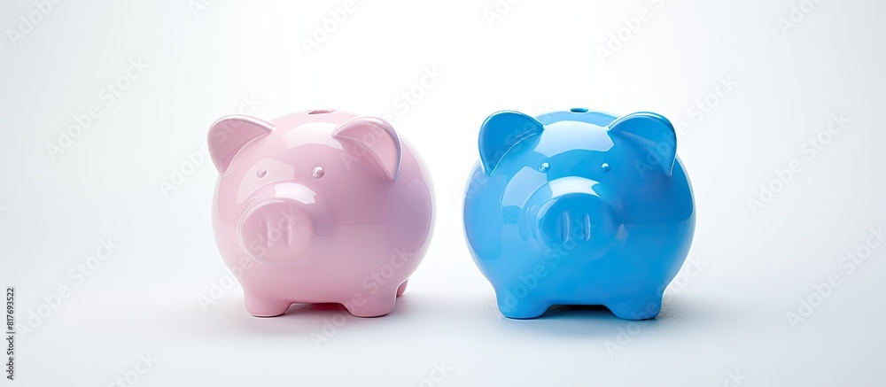Aufkleber The studio features an isolated white background with a copy space image of two plastic pig coin banks one blue and one pink